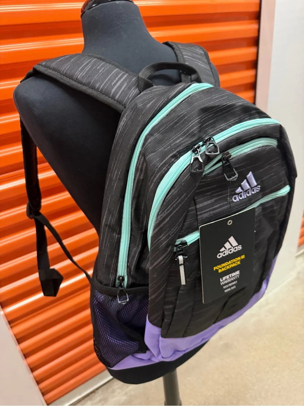 NWT Adidas Foundation ||| Black Backpack with Lavender Base and Mint Zippers